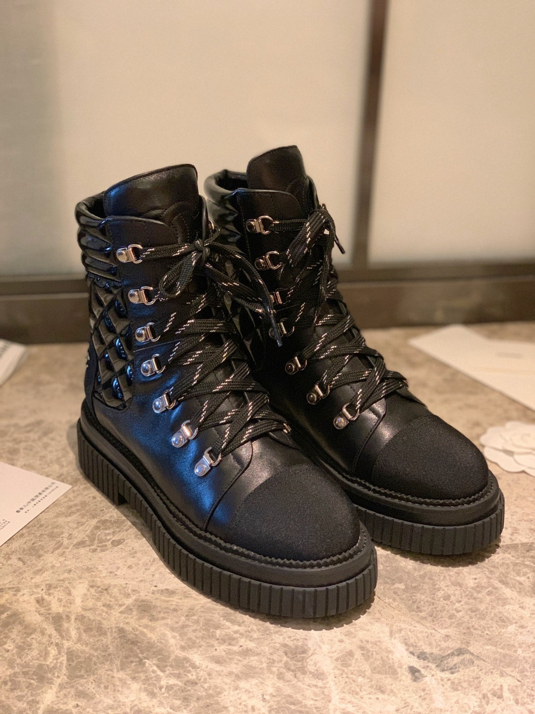CC Combat Boots 50MM In Black Glossy Calfskin Quilted And Lycra Fabric 940073