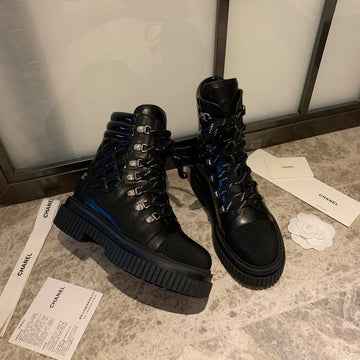 CC Combat Boots 50MM In Black Glossy Calfskin Quilted And Lycra Fabric 940073