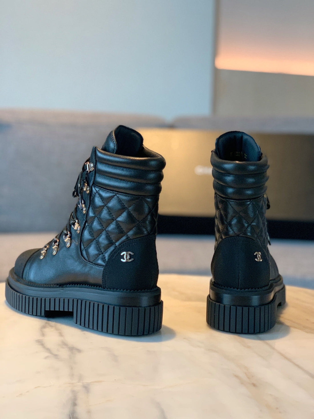 CC Combat Boots 50MM In Black Calfskin Quilted And Lycra Fabric 940072