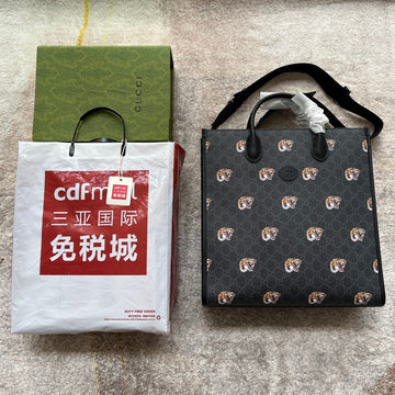 Tiger Print Medium Tote Bag 38 In Black Canvas And Leather Trim