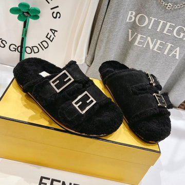 Fendi Dad Sandal Mule In Black Suede With Fleece With Gold Hardware