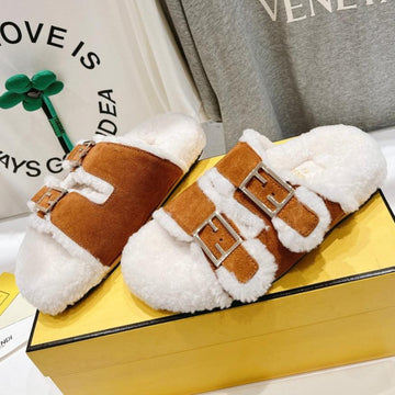 Fendi Dad Sandal Mule In Bronze Brown Suede With White Fleece