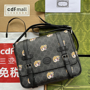 Tiger Print Messenger Bag 28 In Black Canvas And Leather Trim