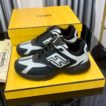 Fendi Faster Trainer In Black Suede Mix White Calfskin