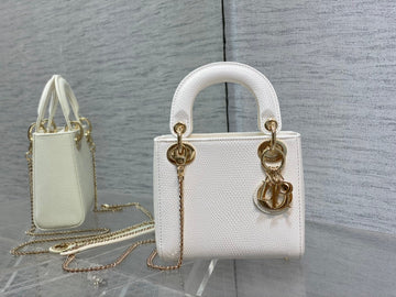 Mini Lady 17 Bag In White Embossed Lambskin With Golden Clasp