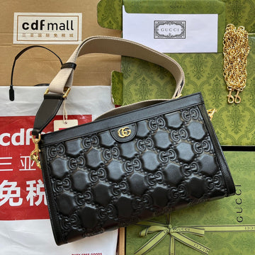 Matelassé Shoulder Bag 32 In Black Embossed Calfskin Gold Hardware