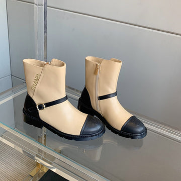 CC Front-Strap Ankle Boots 35MM Black Beige Sheeepskin 464552