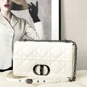 Large Caro Bag 28 White Calfskin Black Hardware