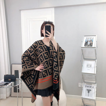 Ff 140 Cm Poncho Chocolate Brown Mix Black Wool And Silk