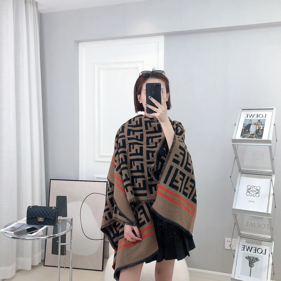 Ff 140 Cm Poncho Chocolate Brown Mix Black Wool And Silk