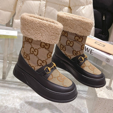 Gucci 2025 Monogram Boot Black Beige Wool Canvas Calfskin 564685