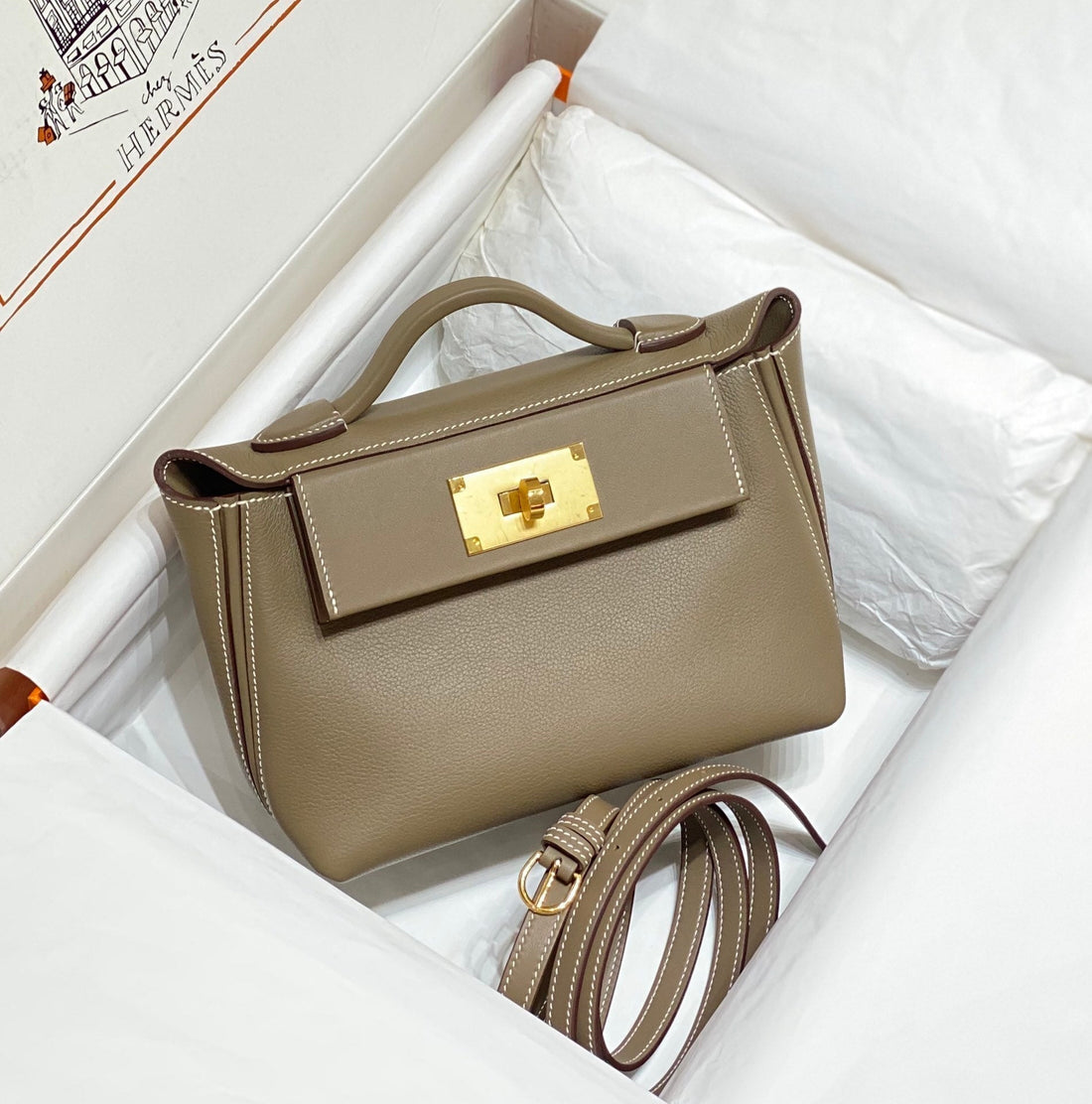 HM Kelly Handbag 21 Khaki Calfskin