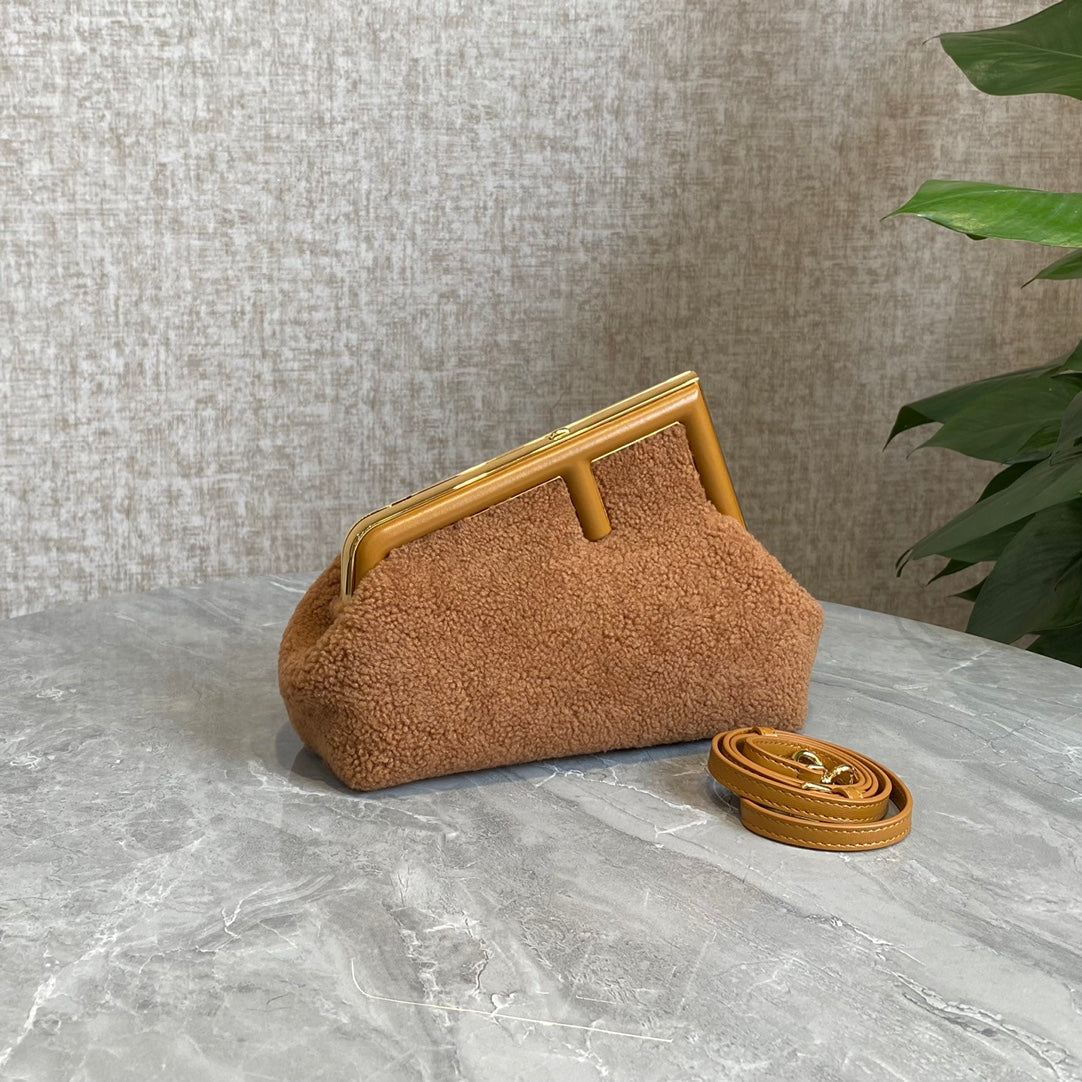 Fendi First Mini 26 Bag In Cider Brown Wool With Gold Hardware