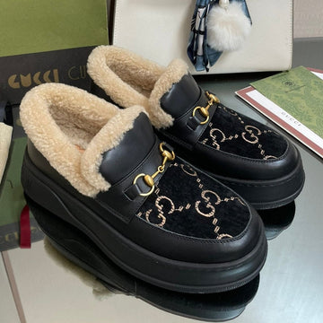 GG Loafer In Black Jacquard And Calfskin With Beige Wool Lining