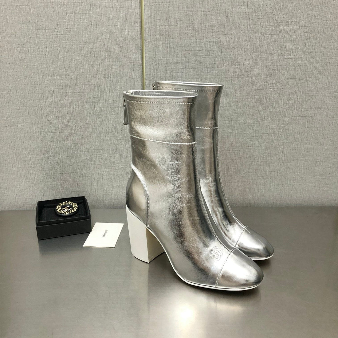 High Heel Ankle Boots In Silver Calfskin
