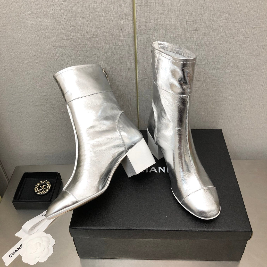Block Heel Ankle Boots In Silver Calfskin
