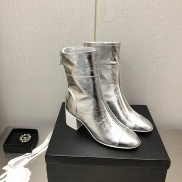Block Heel Ankle Boots In Silver Calfskin