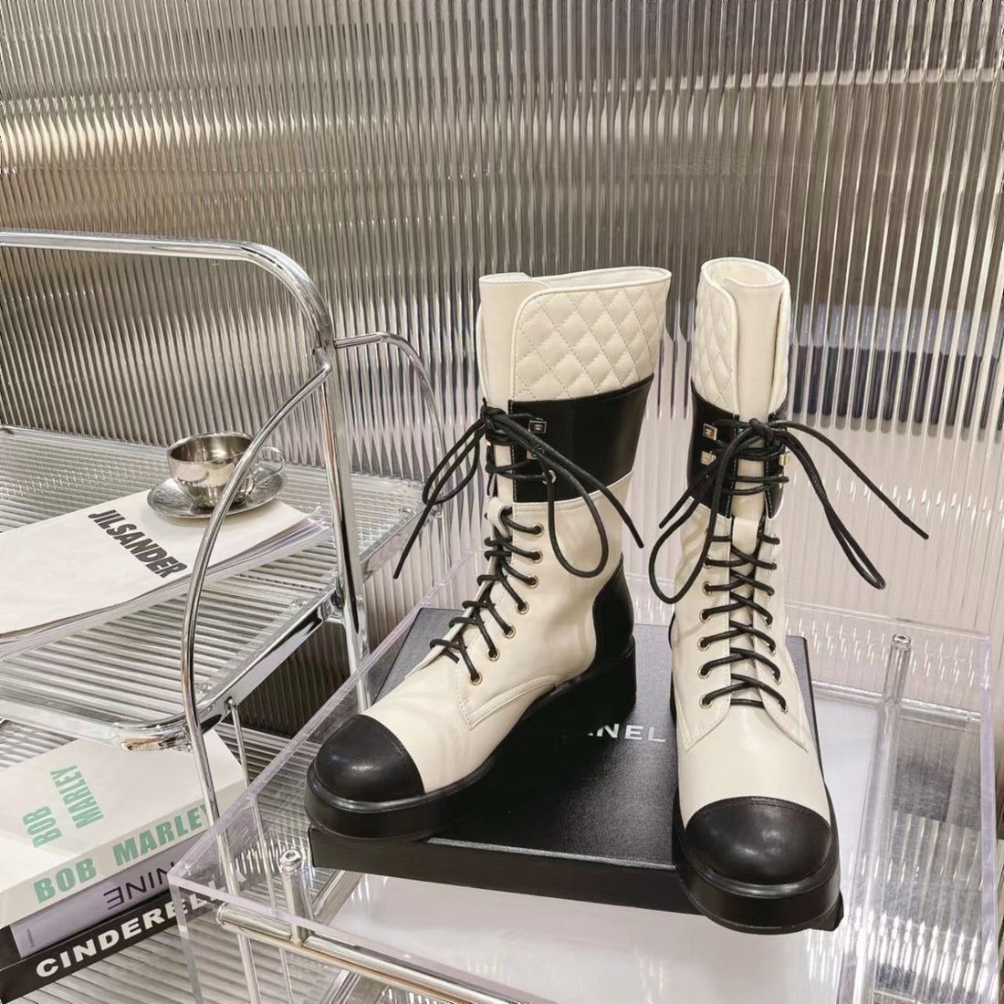 CC High Boots 45MM White Mix Black Quilted Cowhide