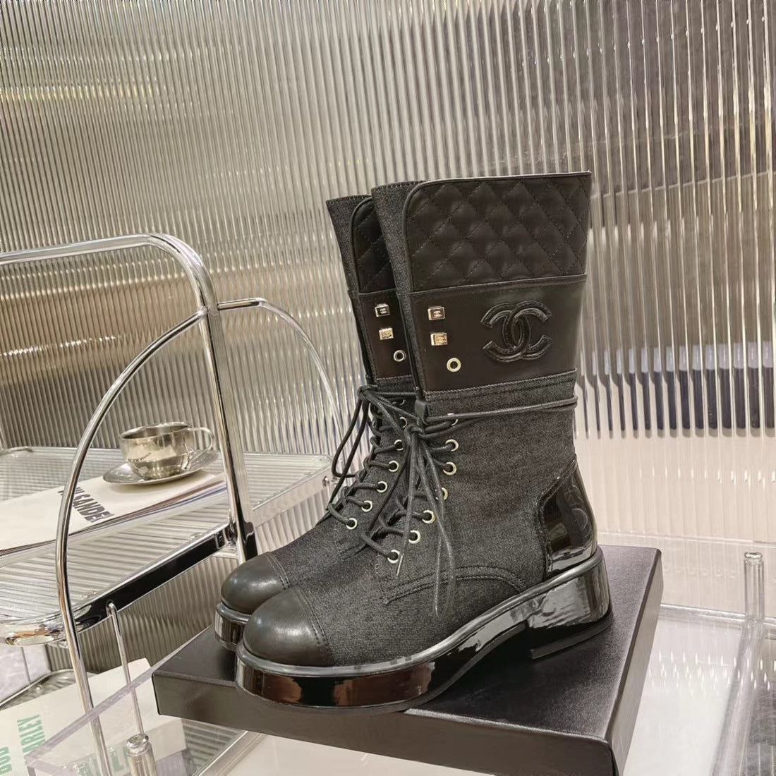 CC High Boots 45MM Black Denim Fabric And Quilted Cowhide