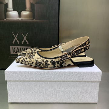 Jadior Slingback Flat Black Embroidered Cotton With Gold-Tone Metallic Thread
