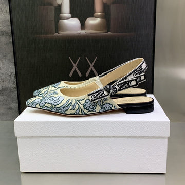 Jadior Slingback Flat Duck Blue Embroidered Cotton With Gold-Tone Metallic Thread