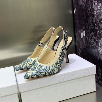 Jadior Slingback Pump 95 Duck Blue Embroidered Cotton With Gold-Tone Metallic Thread