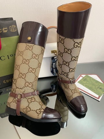 Gucci 2026 Boot Brown Mix Beige Canvas Leather 911944