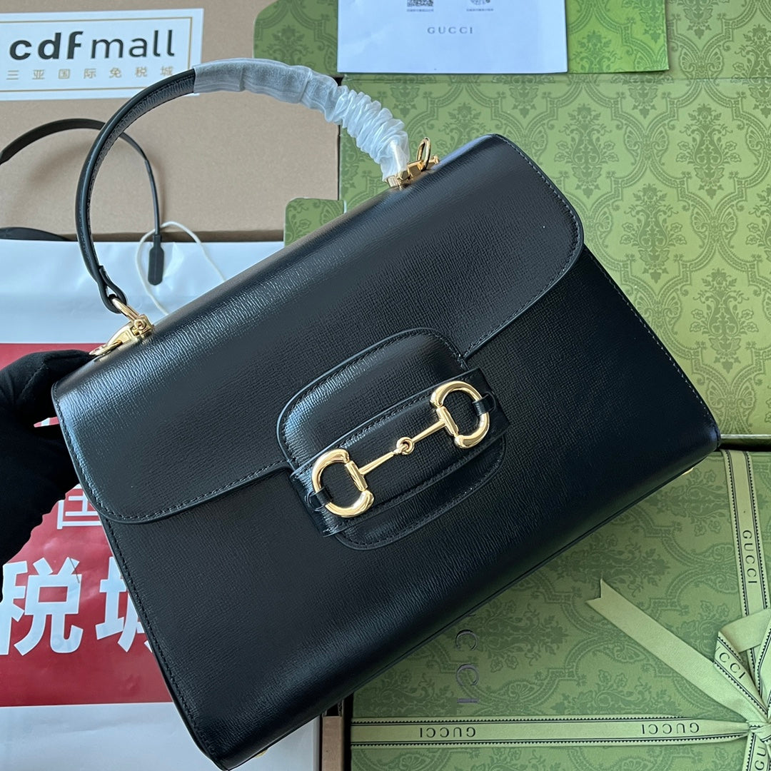 Horsebit 1955 Medium Top Handle Bag 29 In Black Calfskin Gold Hardware