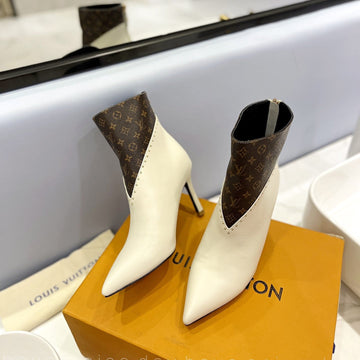 LV Cherie Ankle Boots 9CM Cream Calfskin Monogram Canvas