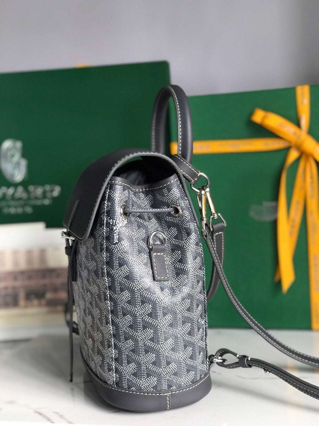 Alpin Mini Backpack 21 In Gray Lambskin And Goyardine Canvas