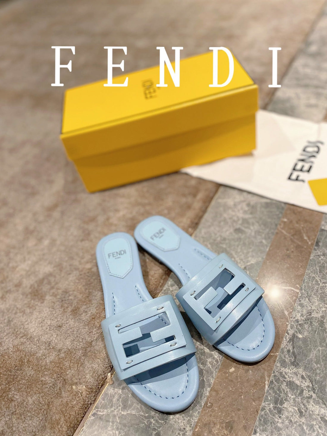 Fendi Baguette Slides In Baby Blue Lambskin