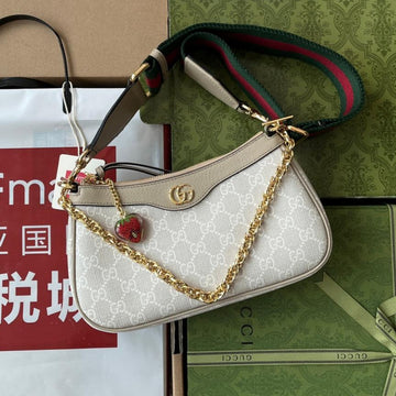Ophidia Small Shoulder Bag 25 In White Canvas And Oat Lambskin Gold Hardware