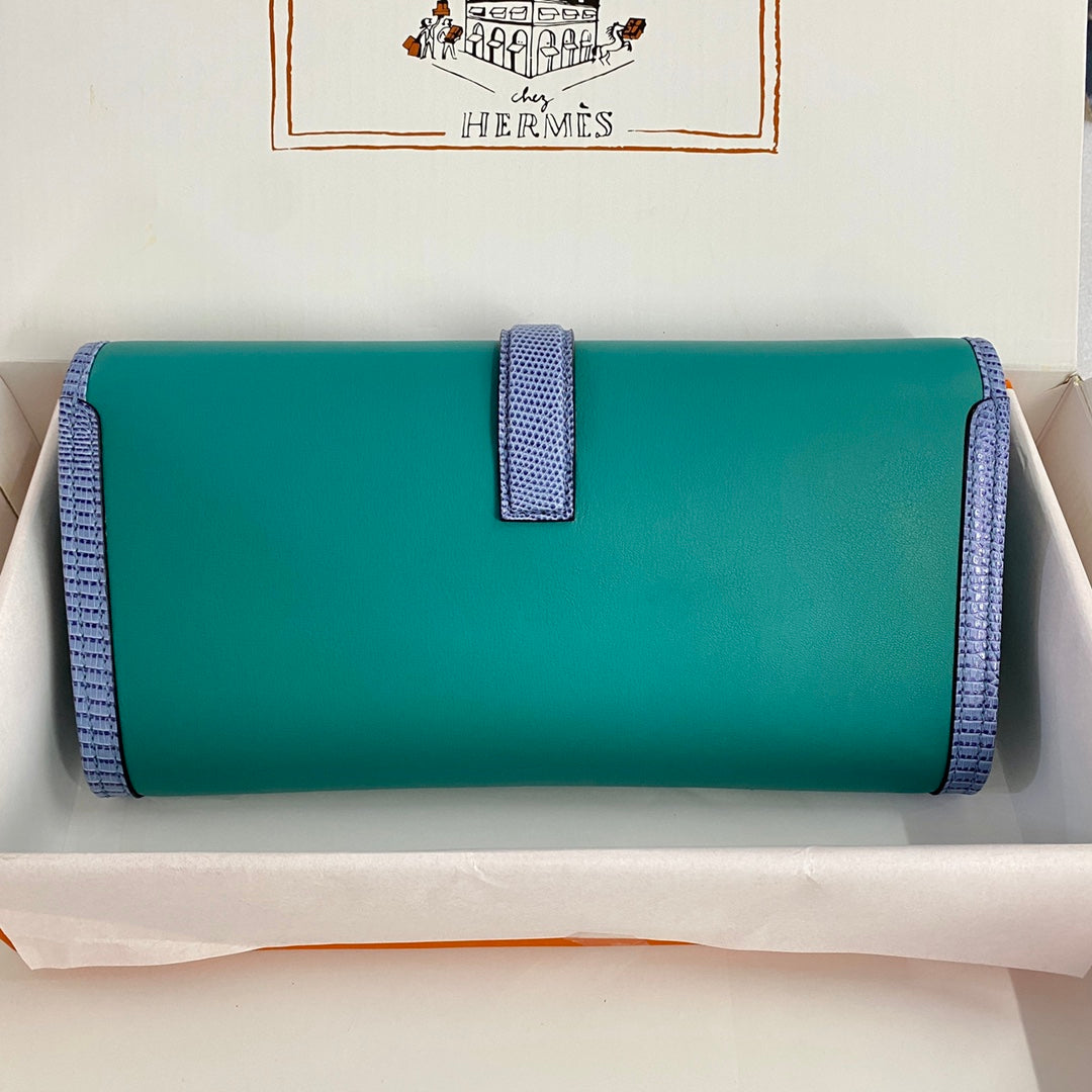 HM Jige Elan 29 Clutch In Teal Green Calfskin With Royal Blue Lizard Skin (25 Days Of Production)