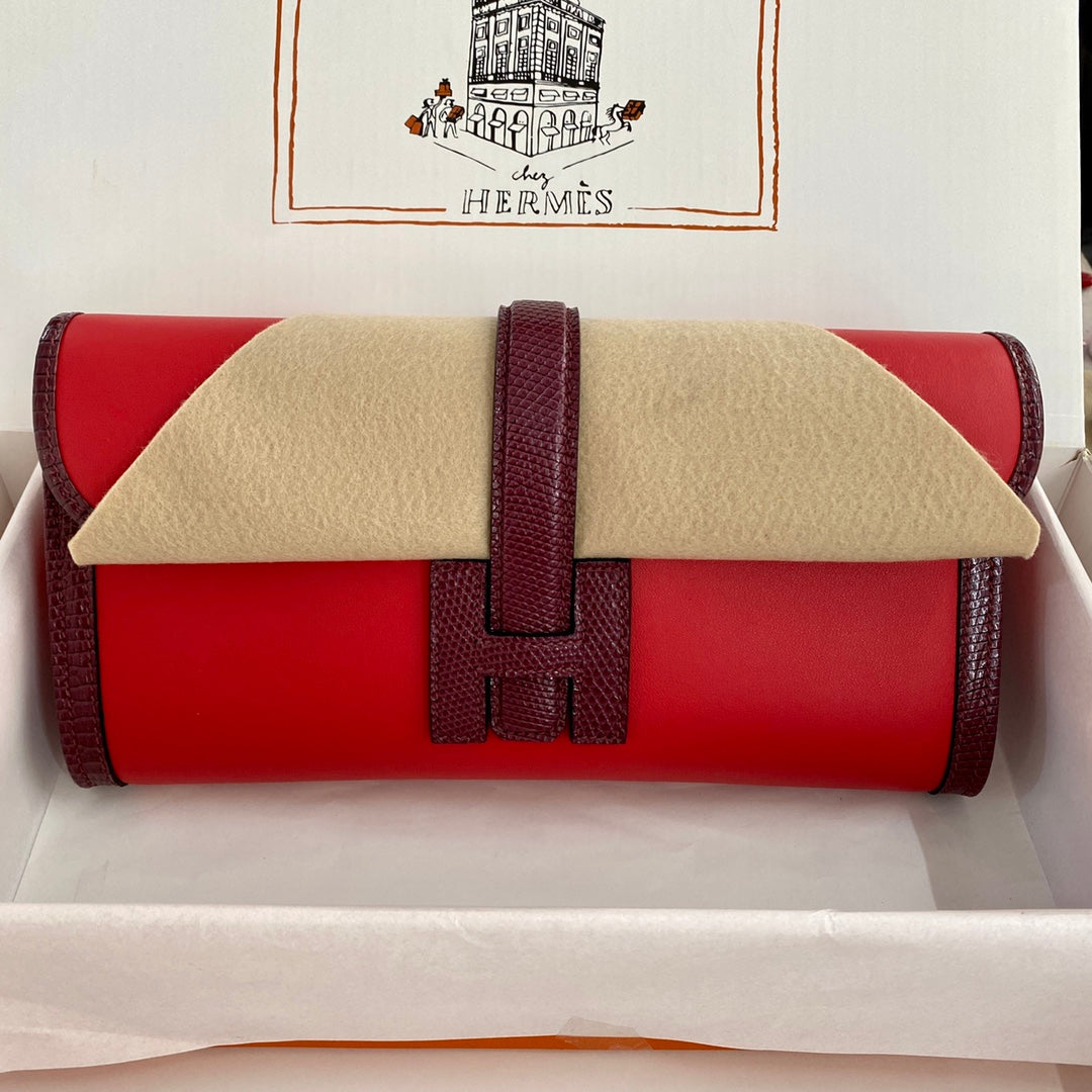 HM Jige Elan 29 Clutch In Candy Red Calfskin With Wine Red Lizard Skin (25 Days Of Production)