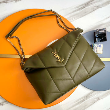 YSL Loulou Puffer Medium Bag 35CM Olive Green Glossy Leather