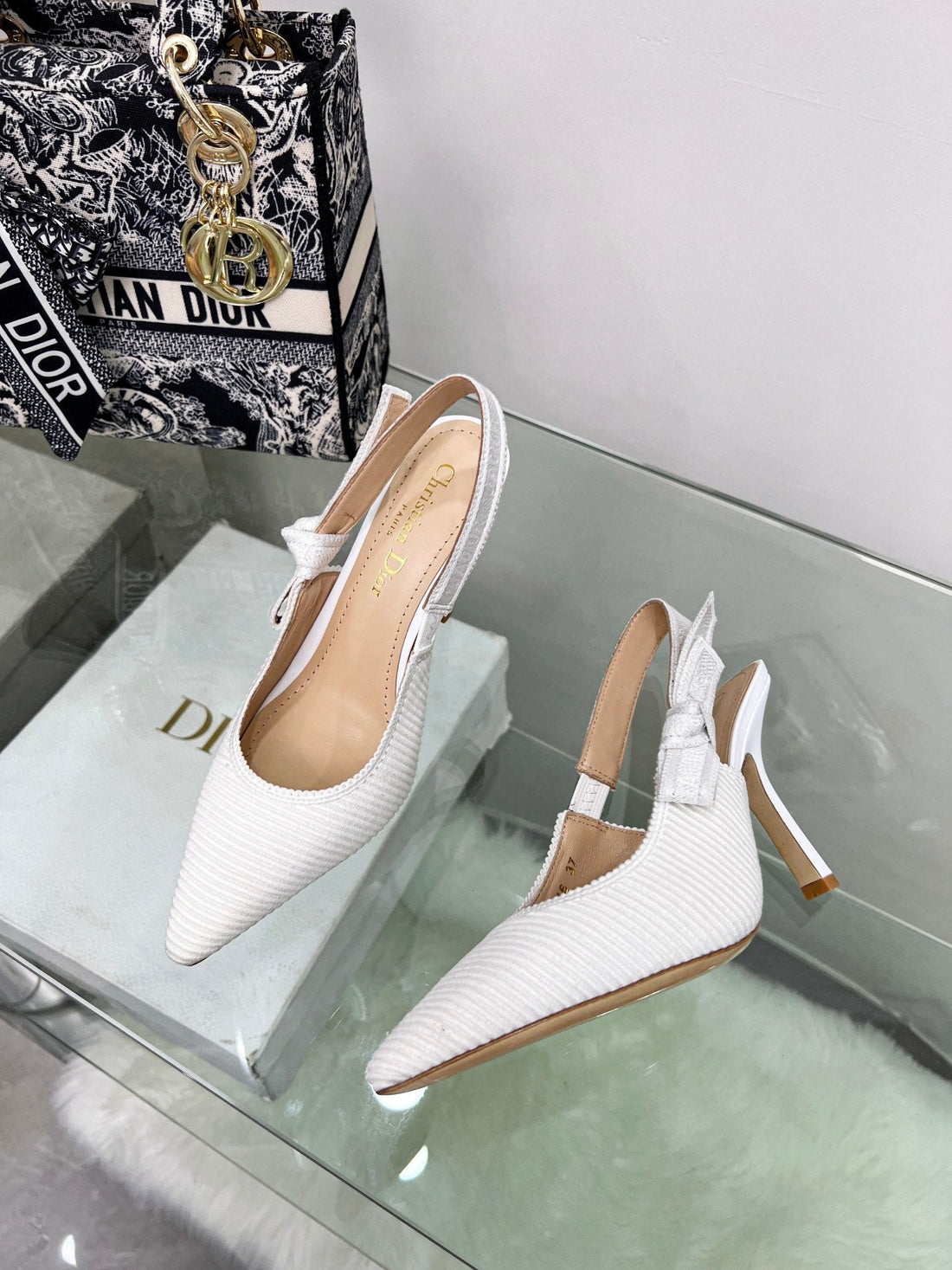 CD Slingback Pumps 95 White Embroidered Cotton