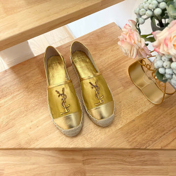 Sl Yves Logo Slip On Metallic Gold Calfskin And Mesh