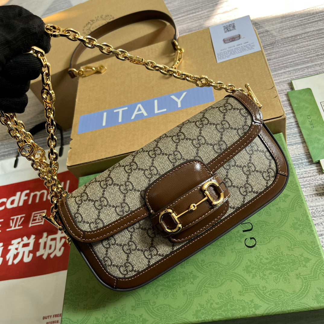 GG Horsebit 1955 Bag 24 In Beige Canvas And Brown Calfskin