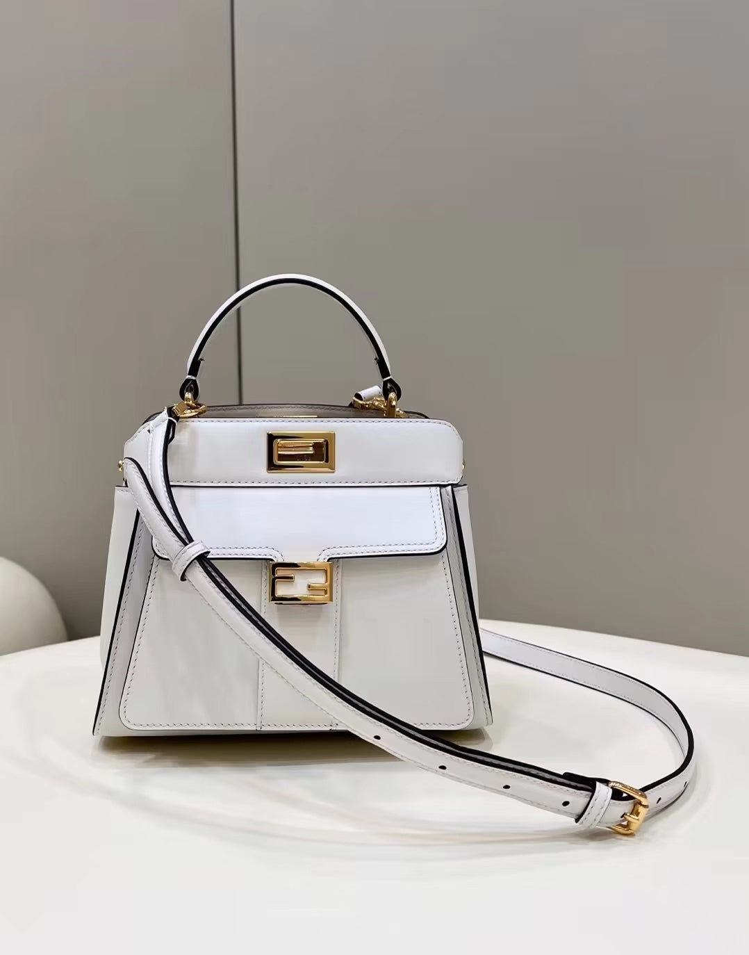 Fendi Peekaboo Mini 23 Bag In White Calfskin With Gold Hardware