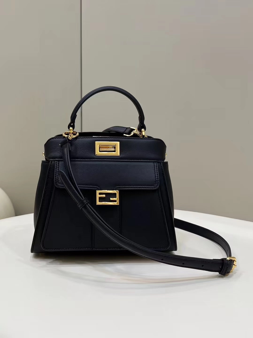 Fendi Peekaboo Mini 23 Bag In Black Calfskin With Gold Hardware