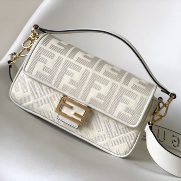 Fend Baguette White Canvas Bag 27 With Ff Embroidery Ghw