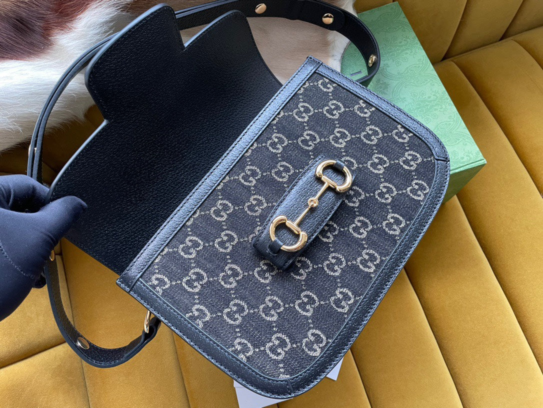 GG Horsebit 1955 Saddle Bag 25 In Black Canvas And Calfskin