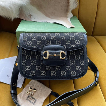 GG Horsebit 1955 Saddle Bag 25 In Black Canvas And Calfskin