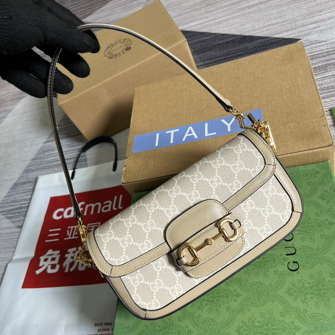 GG Horsebit 1955 Bag 24 In White Canvas And Beige Calfskin