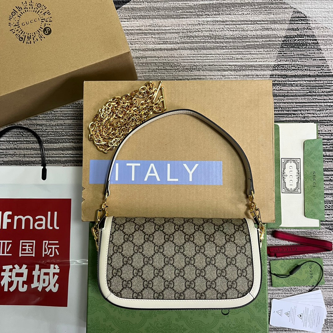 GG Horsebit 1955 Bag 24 In Beige Canvas And White Calfskin