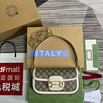 GG Horsebit 1955 Bag 24 In Beige Canvas And White Calfskin