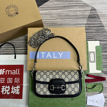 GG Horsebit 1955 Bag 24 In Beige Canvas And Black Calfskin