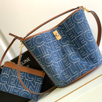 Bucket 25 Printed Denim Bag Navy Blue