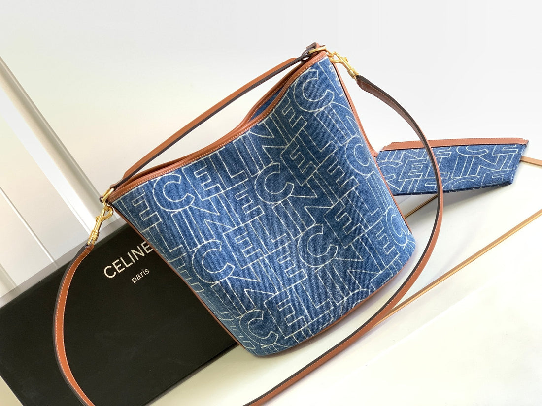 Bucket 25 Printed Denim Bag Navy Blue