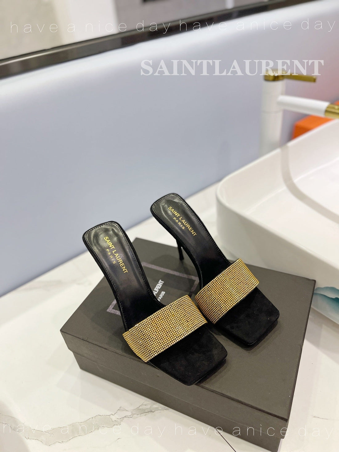 Sl Lucky Gold Crystal High Heels Black Calfskin